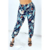 Pantalon marine cigarette fluide à motif feuillages et plumes