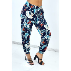 Pantalon marine cigarette fluide à motif feuillages et plumes