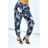 Pantalon marine cigarette fluide à motif feuillages et plumes