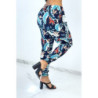 Pantalon marine cigarette fluide à motif feuillages et plumes