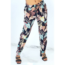 Pantalon fluide noir coupe droite à imprimé plumes multicolors