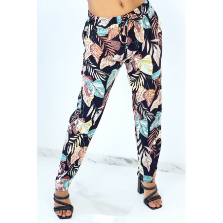 Pantalon fluide noir coupe droite à imprimé plumes multicolors