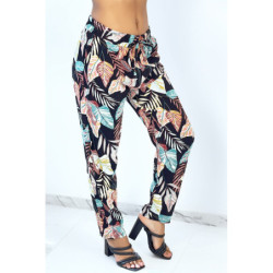 Pantalon fluide noir coupe droite à imprimé plumes multicolors