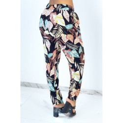 Pantalon fluide noir coupe droite à imprimé plumes multicolors