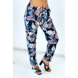 Pantalon fluide marine coupe droite à imprimé plumes multicolors