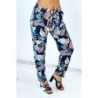 Pantalon fluide marine coupe droite à imprimé plumes multicolors