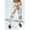 Pantalon fluide beige coupe droite à imprimé plumes multicolors