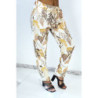 Pantalon fluide beige coupe droite à imprimé plumes multicolors