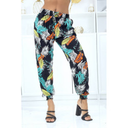 Pantalon feuillage noir fluide élastique à la taille et aux chevilles