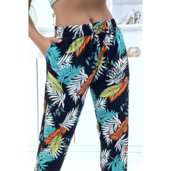 Pantalon feuillage noir fluide élastique à la taille et aux chevilles