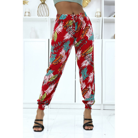 Pantalon feuillage rouge fluide élastique à la taille et aux chevilles