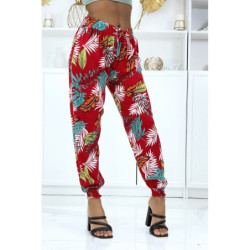 Pantalon feuillage rouge fluide élastique à la taille et aux chevilles
