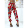 Pantalon feuillage rouge fluide élastique à la taille et aux chevilles