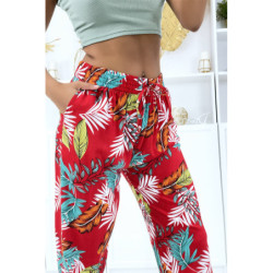 Pantalon feuillage rouge fluide élastique à la taille et aux chevilles