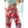 Pantalon feuillage rouge fluide élastique à la taille et aux chevilles
