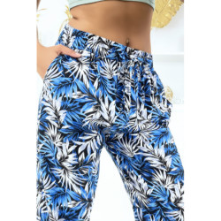 Pantalon feuillage royal fluide élastique à la taille et aux chevilles