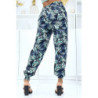 Pantalon feuillage vert fluide élastique à la taille et aux chevilles