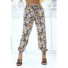 Pantalon feuillage beige fluide élastique à la taille et aux chevilles
