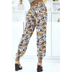 Pantalon feuillage beige fluide élastique à la taille et aux chevilles