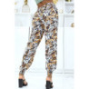 Pantalon feuillage beige fluide élastique à la taille et aux chevilles