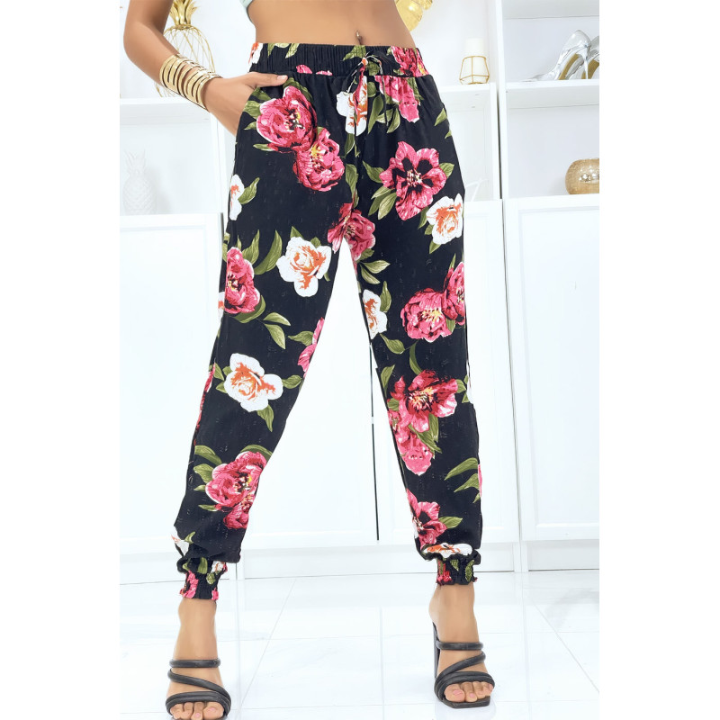Pantalon noir à fleurs fluide élastique à la taille et aux chevilles