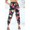 Pantalon noir à fleurs fluide élastique à la taille et aux chevilles