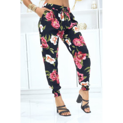 Pantalon noir à fleurs fluide élastique à la taille et aux chevilles
