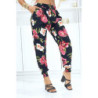 Pantalon noir à fleurs fluide élastique à la taille et aux chevilles