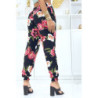 Pantalon noir à fleurs fluide élastique à la taille et aux chevilles