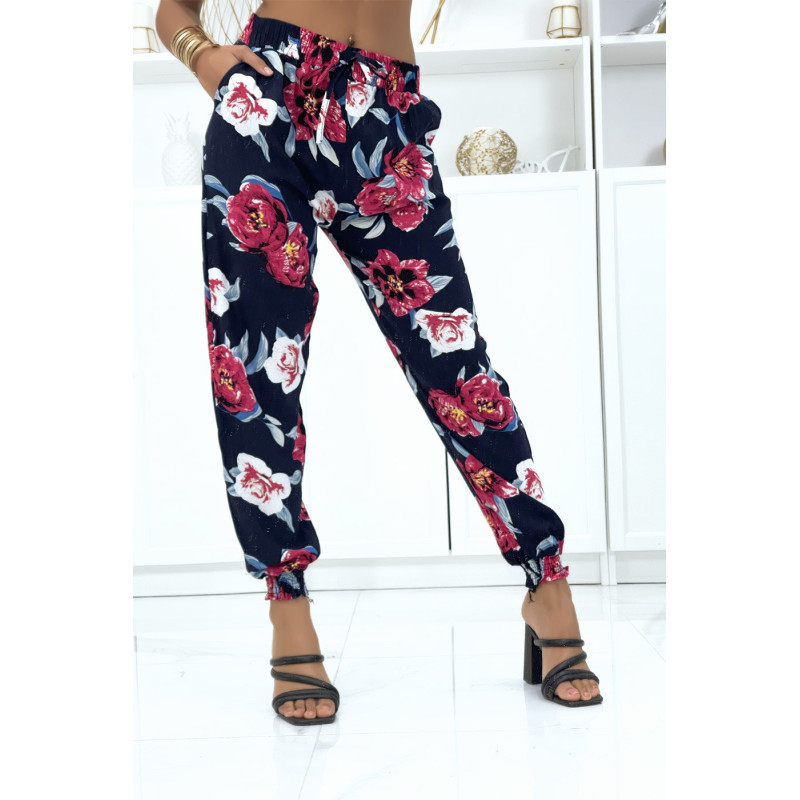 Pantalon marine à fleurs fluide élastique à la taille et aux chevilles