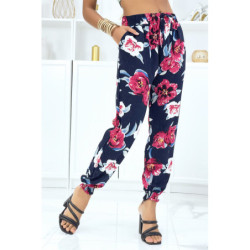 Pantalon marine à fleurs fluide élastique à la taille et aux chevilles