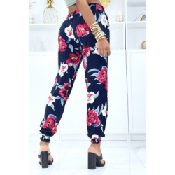 Pantalon marine à fleurs fluide élastique à la taille et aux chevilles