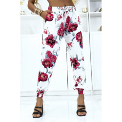Pantalon blanc à fleurs fluide élastique à la taille et aux chevilles