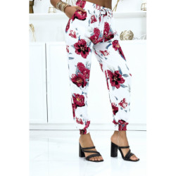 Pantalon blanc à fleurs fluide élastique à la taille et aux chevilles