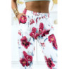 Pantalon blanc à fleurs fluide élastique à la taille et aux chevilles