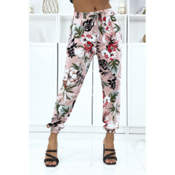 Pantalon rose à fleurs, fluide élastique à la taille et aux chevilles