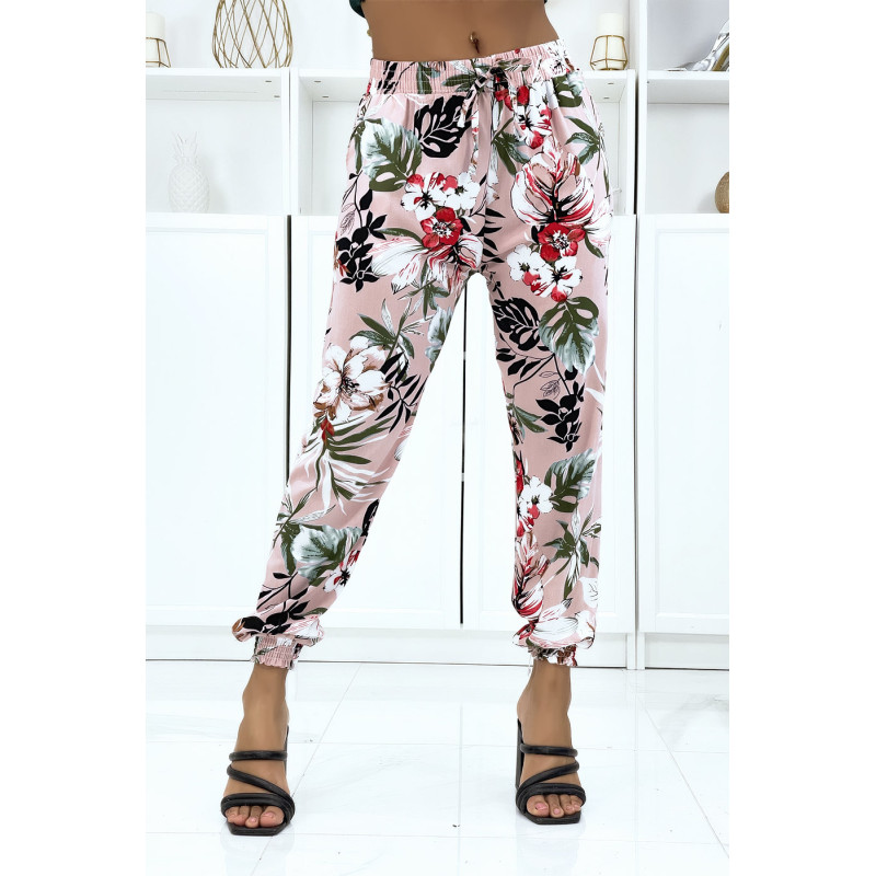 Pantalon rose à fleurs, fluide élastique à la taille et aux chevilles