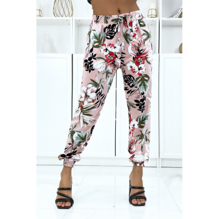 Pantalon rose à fleurs, fluide élastique à la taille et aux chevilles