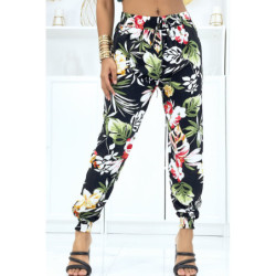 Pantalon noir à fleurs, fluide élastique à la taille et aux chevilles
