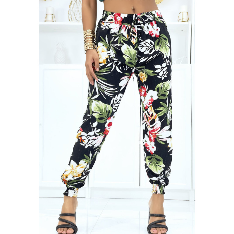 Pantalon noir à fleurs, fluide élastique à la taille et aux chevilles