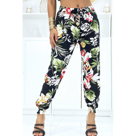 Pantalon noir à fleurs, fluide élastique à la taille et aux chevilles