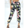 Pantalon noir à fleurs, fluide élastique à la taille et aux chevilles