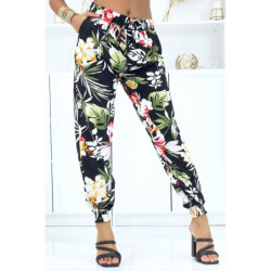Pantalon noir à fleurs, fluide élastique à la taille et aux chevilles