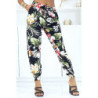 Pantalon noir à fleurs, fluide élastique à la taille et aux chevilles