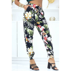 Pantalon noir à fleurs, fluide élastique à la taille et aux chevilles