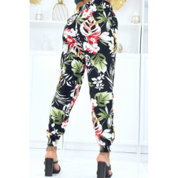Pantalon noir à fleurs, fluide élastique à la taille et aux chevilles