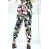 Pantalon noir à fleurs, fluide élastique à la taille et aux chevilles