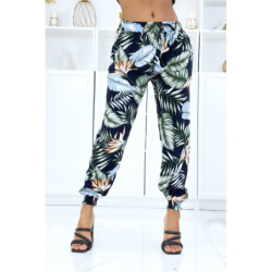 Pantalon marine à feuillage, fluide élastique à la taille et aux chevilles