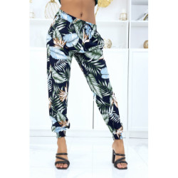 Pantalon marine à feuillage, fluide élastique à la taille et aux chevilles