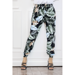 Pantalon noir à feuillage, fluide élastique à la taille et aux chevilles